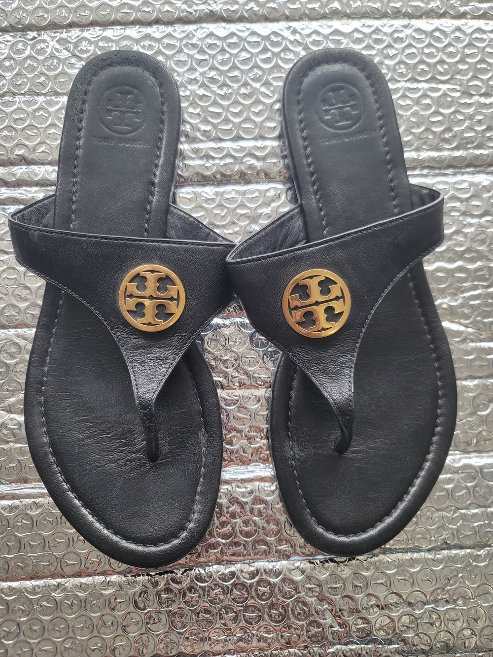 Tory Burch Black Miller Thong Sandals with Gold Logo